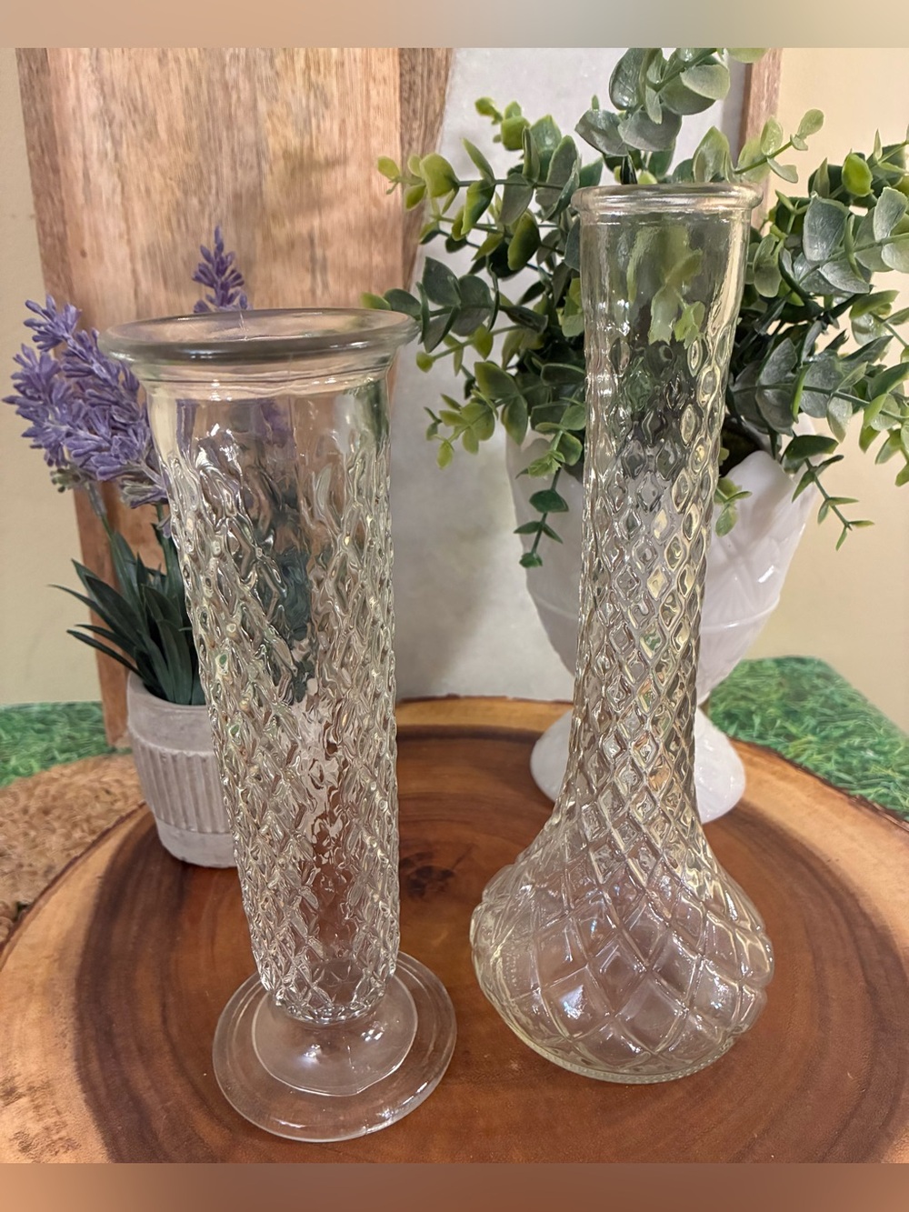 Clear Diamond-Texture Glass Bud Vases - Set of 2